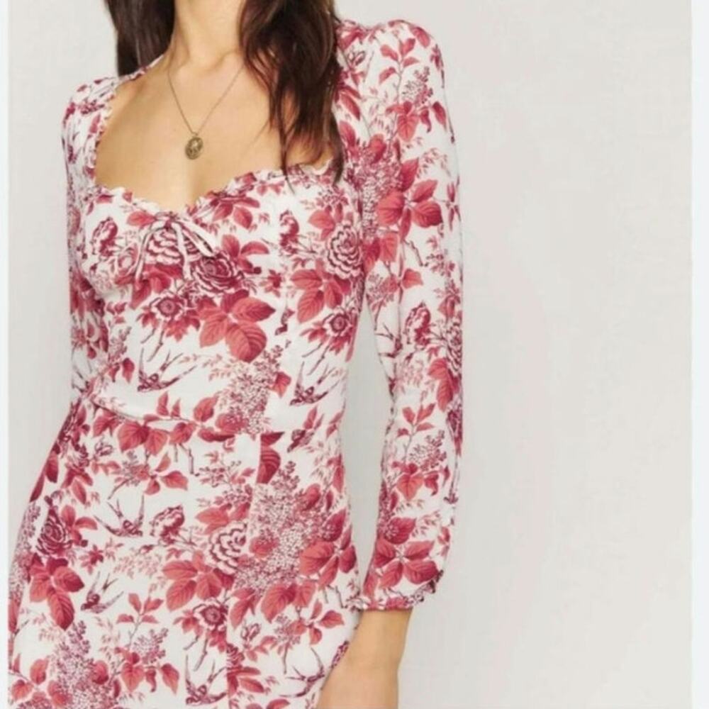 Reformation Floral Mini Dress Red White Long Sleeve Boho Cottagecore Size 0